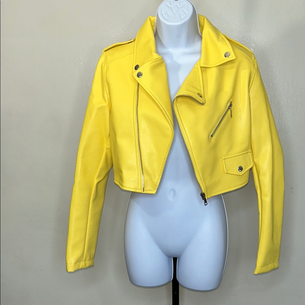 Daisy Bright Yellow Cropped Moto Leather Jacket